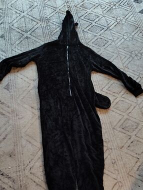 Black Plush Hooded One-Piece Pajama